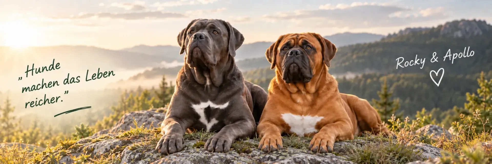 Rocky und Apollo in den Bergen bei Sonnenaufgang