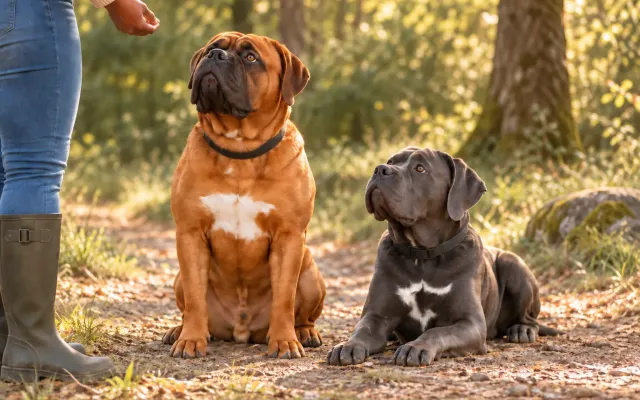 Hund sitzt aufmerksam vor seinem Halter