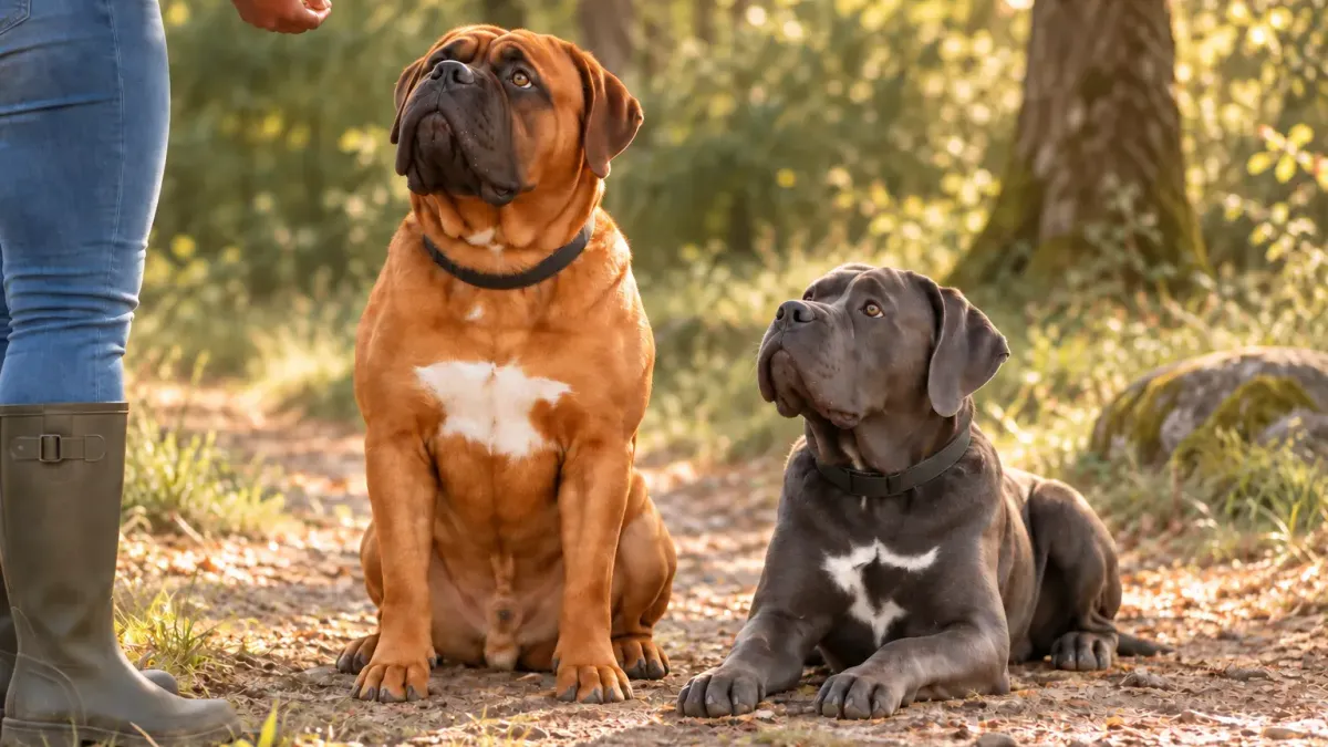 Hund sitzt aufmerksam vor seinem Halter