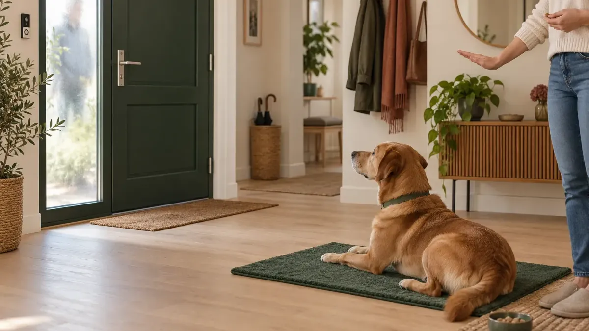 Hund reagiert aufmerksam auf ein Geräusch an der Tür