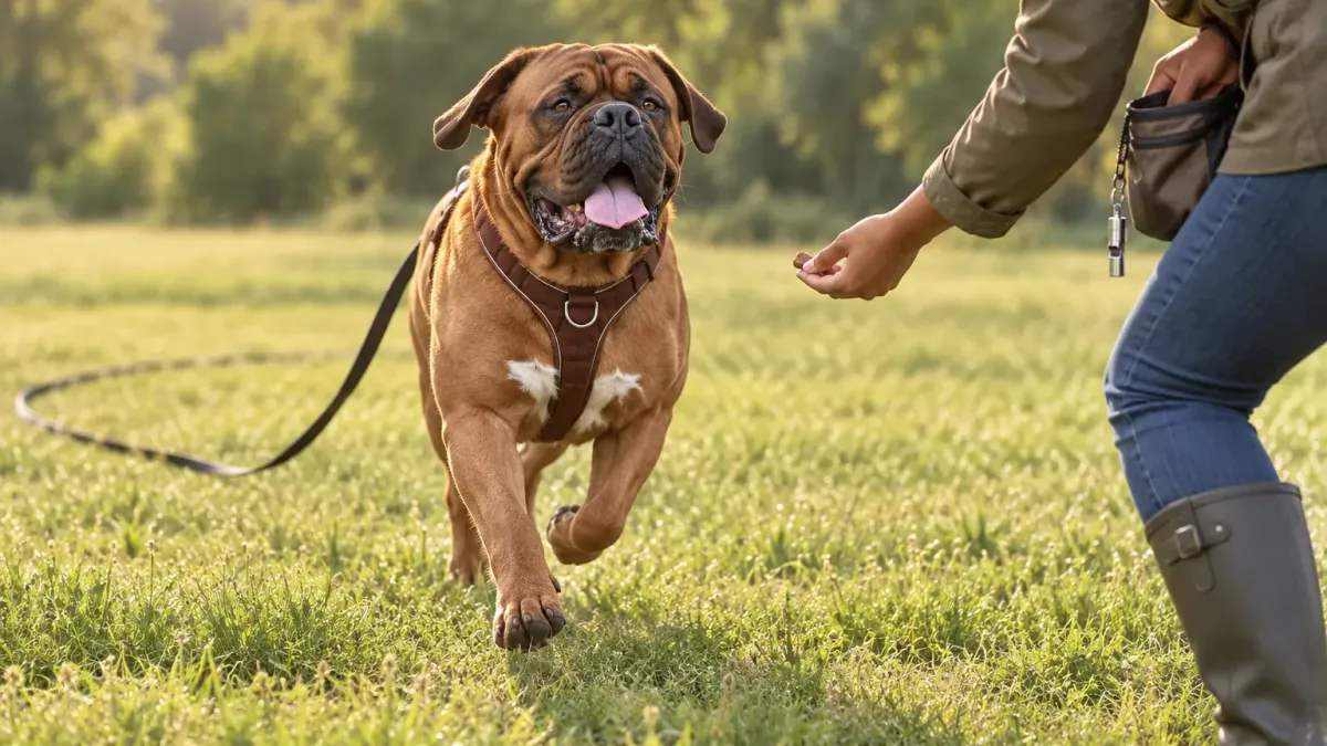 Hund rennt über eine Wiese zu seinem Halter