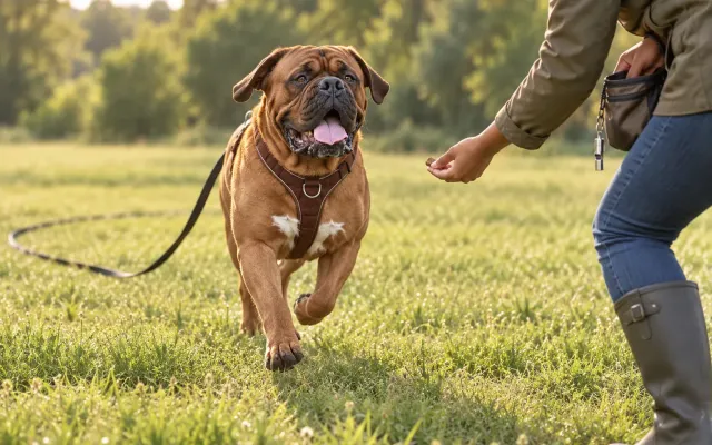 Hund rennt über eine Wiese zu seinem Halter