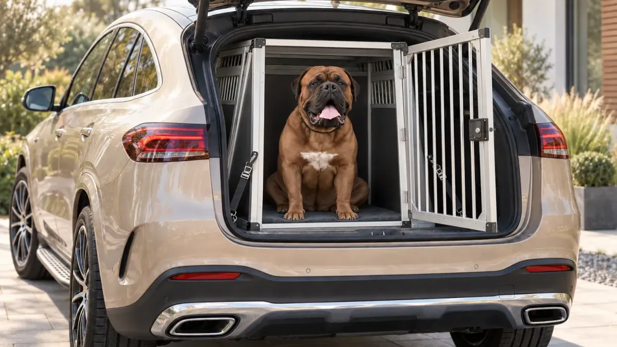 Hund in einer Transportbox im Auto