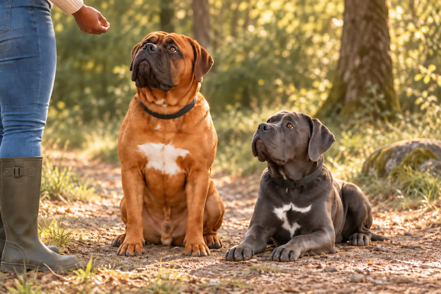 Hund sitzt aufmerksam vor seinem Halter