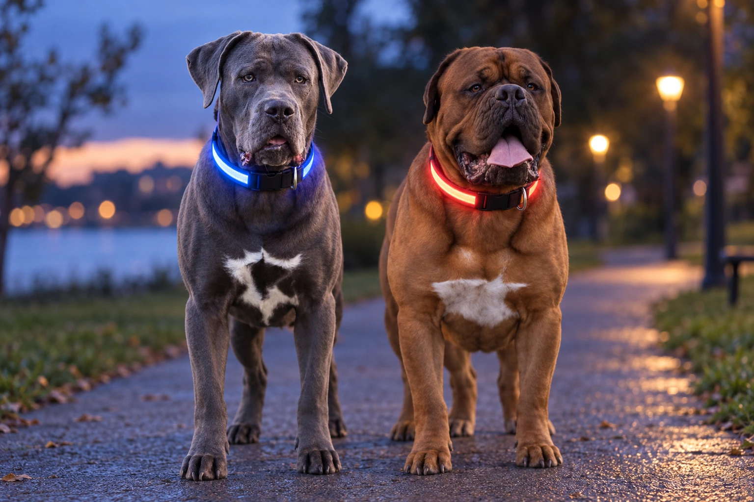 LED-Leuchthalsband am Hund in der Dämmerung