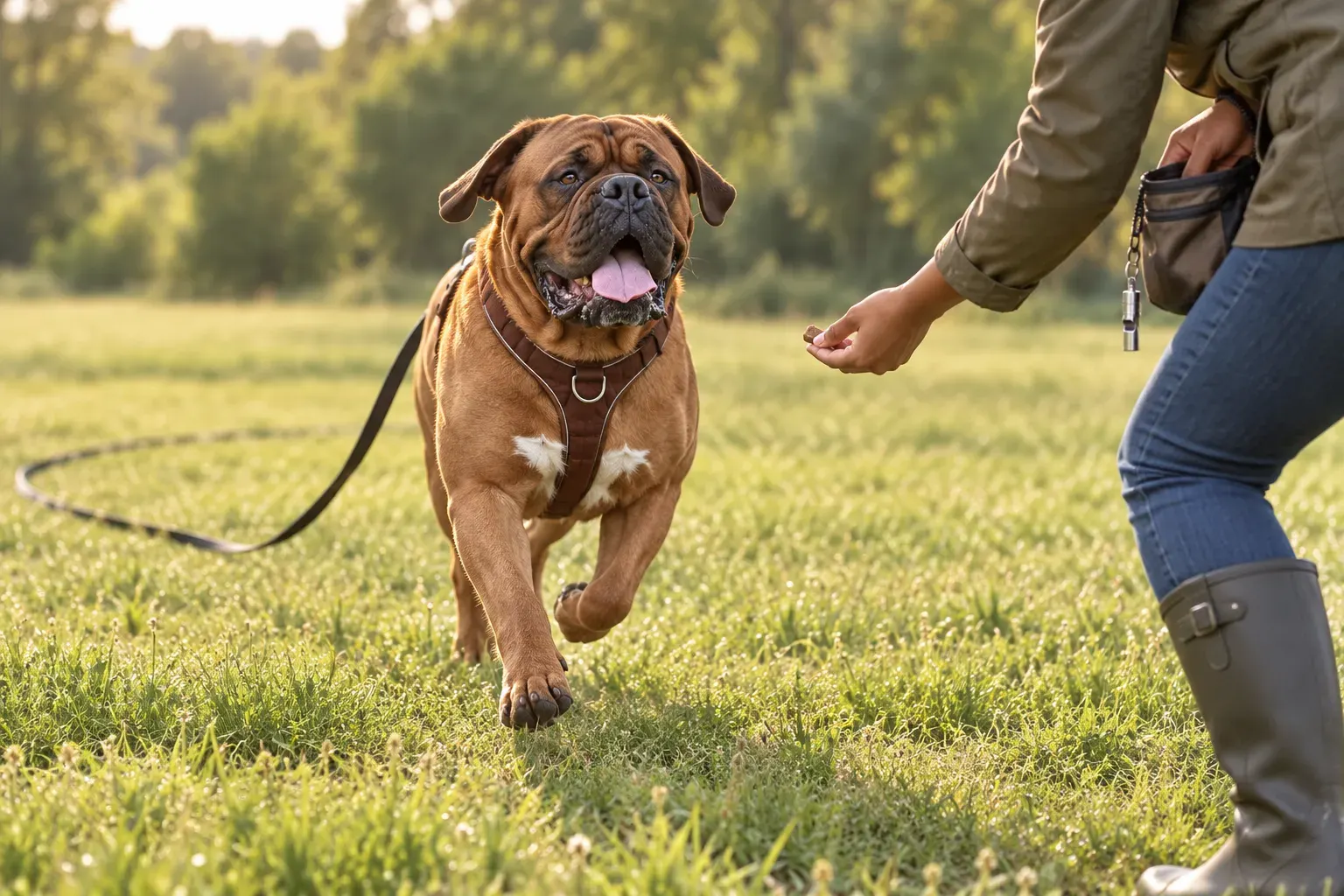 Hund rennt über eine Wiese zu seinem Halter