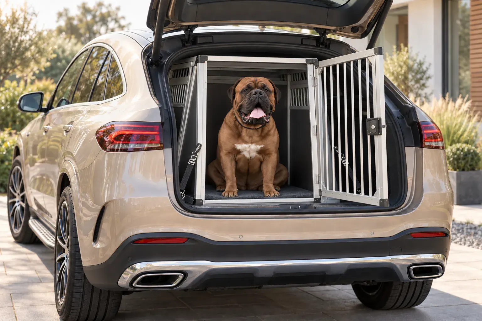 Hund in einer Transportbox im Auto