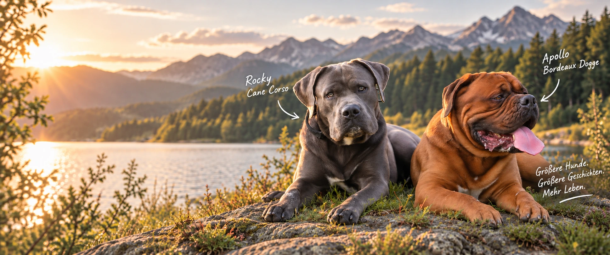 Rocky und Apollo in den Bergen bei Sonnenuntergang